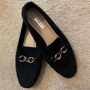 PRIMARK. Flat shoes with Turtle/Gold buckle. Black suede look. 10M.